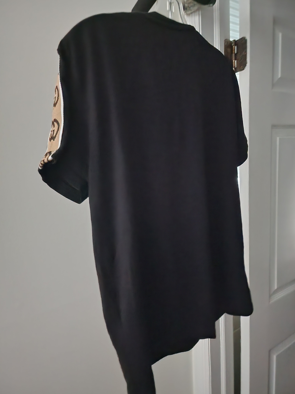 Black Short Sleeve Tee with Beige Logo Shoulder Tape - Picture 2 of 9
